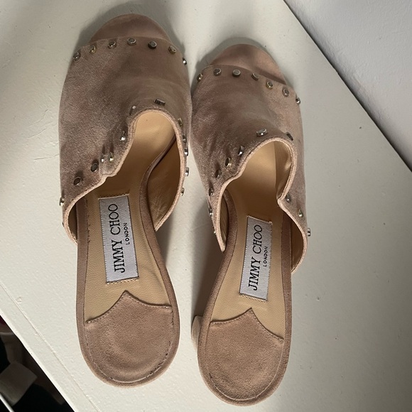 Jimmy Choo Myla Suede Studded Mules in Beige - Picture 3 of 4